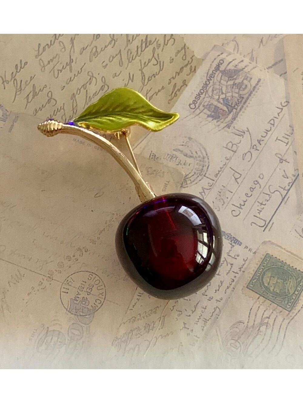 Vintage Cherry Pin Brooch with Gold Stem and Leaf - Fun Accessory!